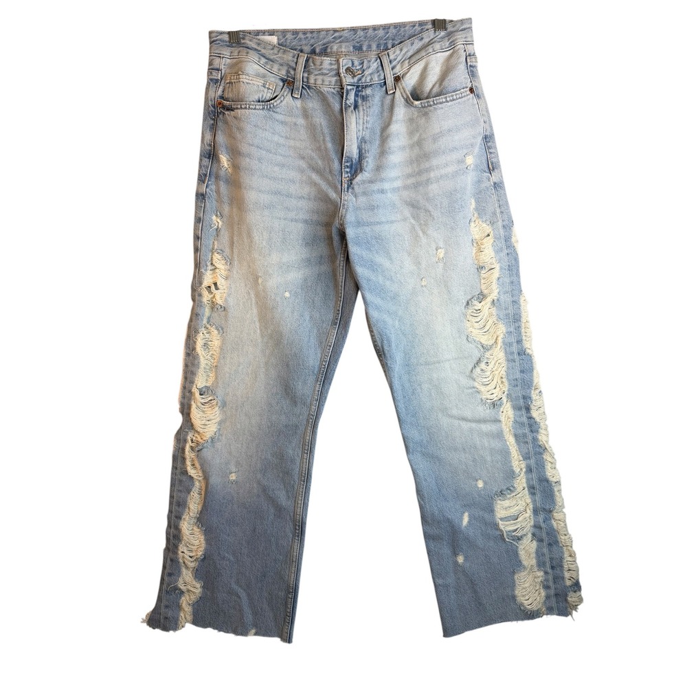 Zara Distressed Shredded Side Light Wash Straight Leg Jeans Womens Size 10 Blue